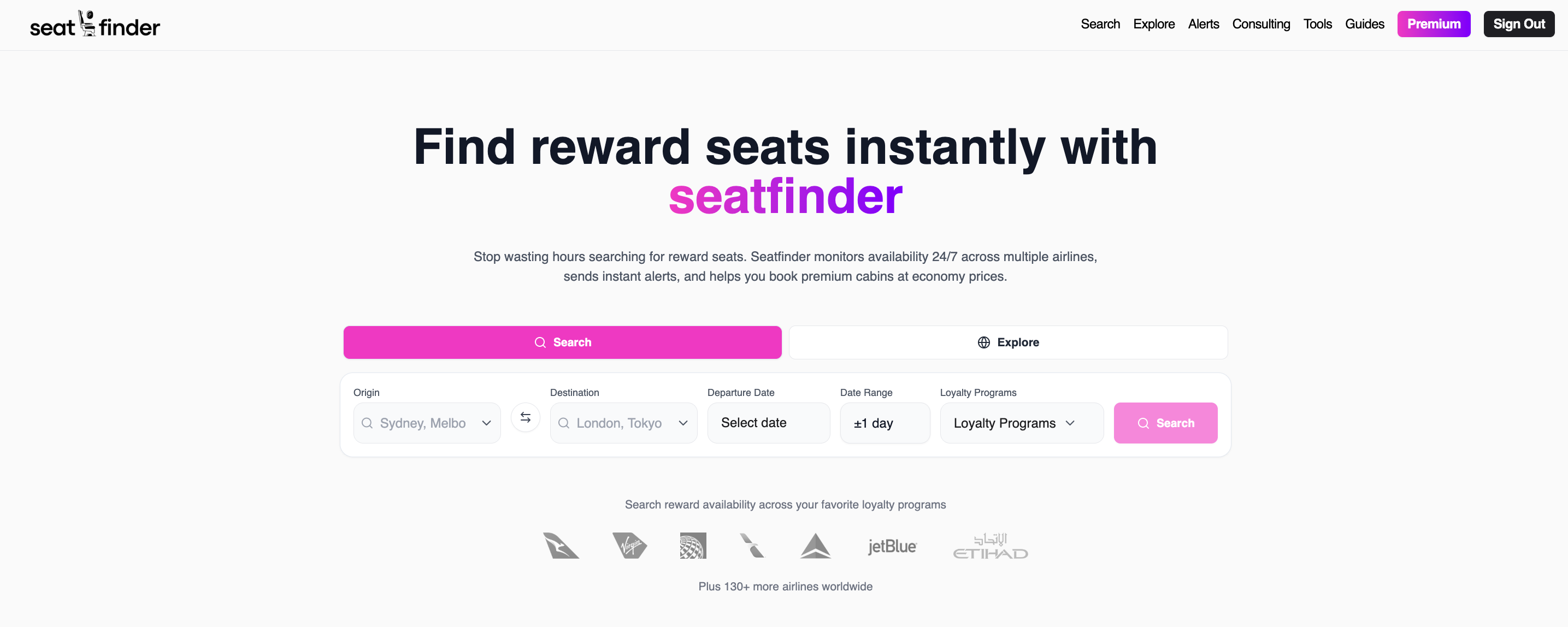 SeatFinder reward-seat search homepage